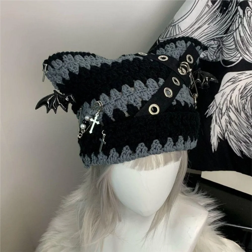 Original Subculture Punk Cat Ear Hats for Women Harajuku Gothic Cross Pin Knitted Wool Hat Japanese Style Street Winter Y2K Hats