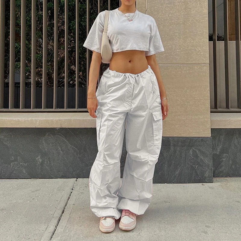 Pink Women Casual Joggers Tech Pants Oversized Solid Low Waist Baggy Trousers Fashion Wide Leg Cargo Pants Streetwear Drawstring