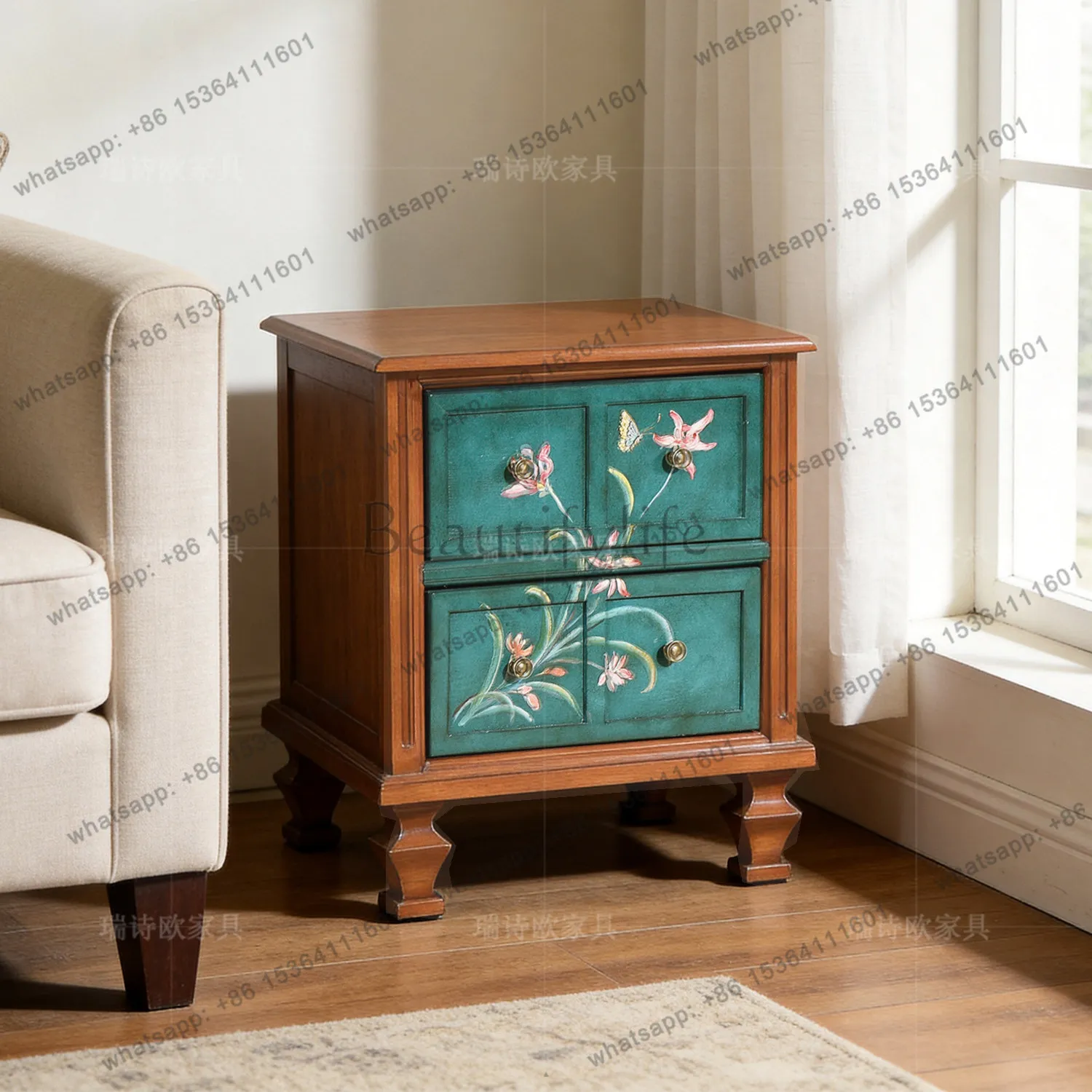 Factory Direct American Retro Solid Wood Bedside Table Floral Pattern Green Hand Painted Locker