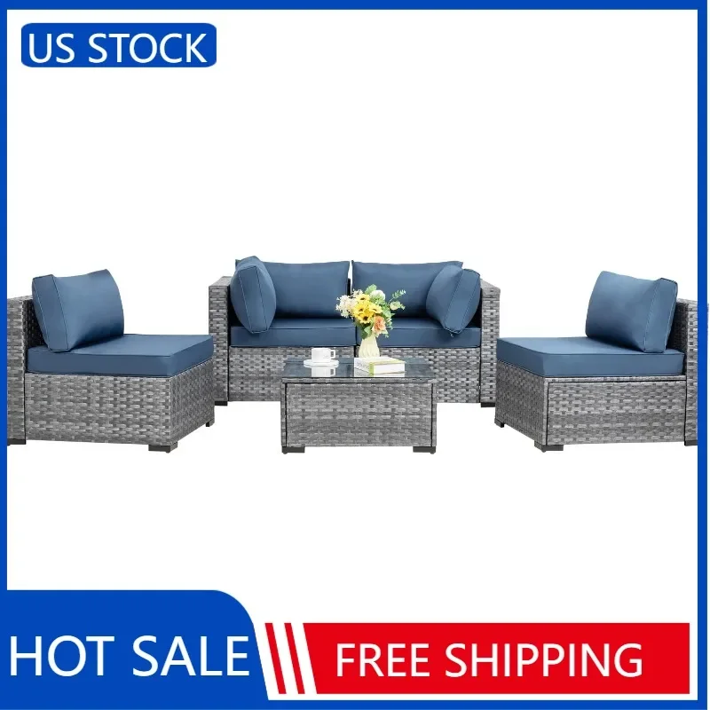 

5 Pieces Outdoor Patio Sectional Sofa Couch, Silver Gray PE Wicker Furniture Conversation Sets with Washable Cushions