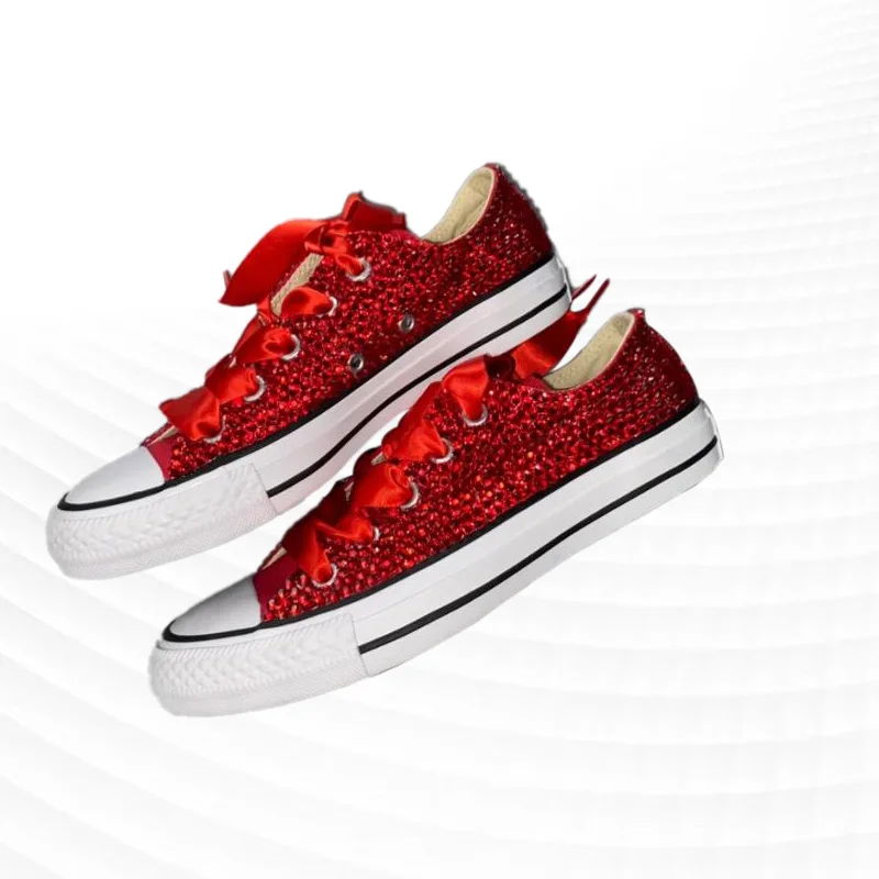 Red Low Cut Rhinestone Ribbon Canvas Shoes Comfortable Walking Sneakers Handmade Rhinestone Vulcanized Shoes 35-46