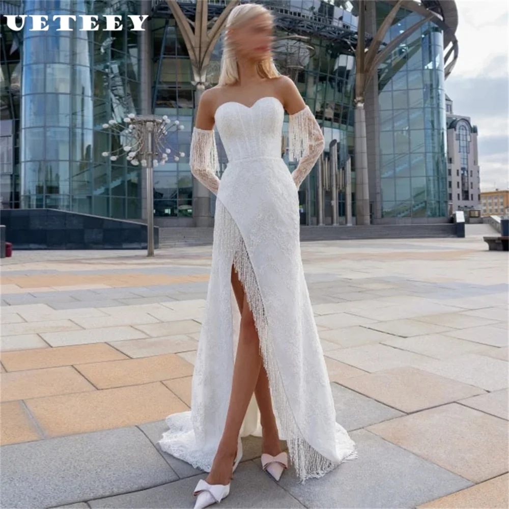 

UETEEY Customized Off Shoulder Lace Tassels Sheath Wedding Dress Women Elegant Open Back High Slit Floor vestidos de novia