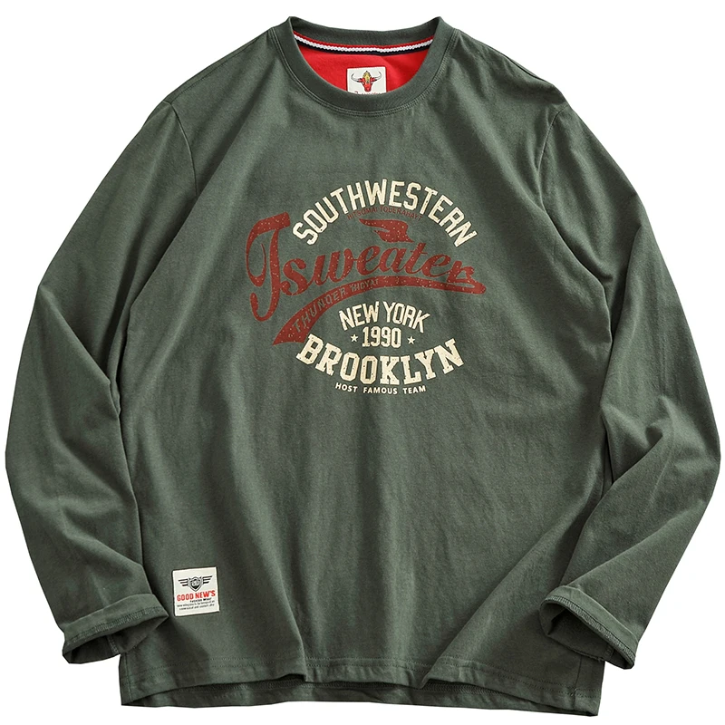 Autumn New American Retro Long-sleeved O-neck Letter Printed T-shirt Men's Fashion Simple 100% Cotton Washed Casual Sport Tops image 5