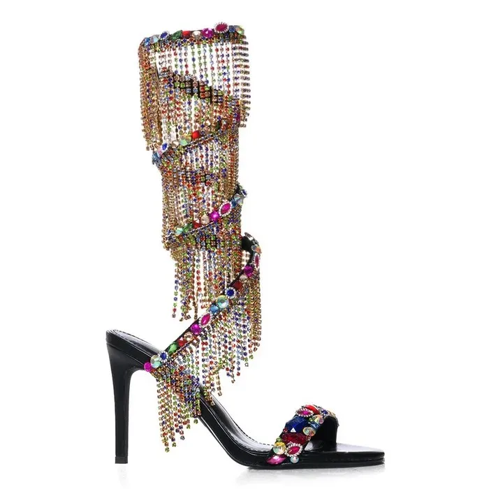 Multi-Color Rhinestone Long Fringe Open Toe Stiletto Heel Sandals Women Stage Party Dress Heel Shoes