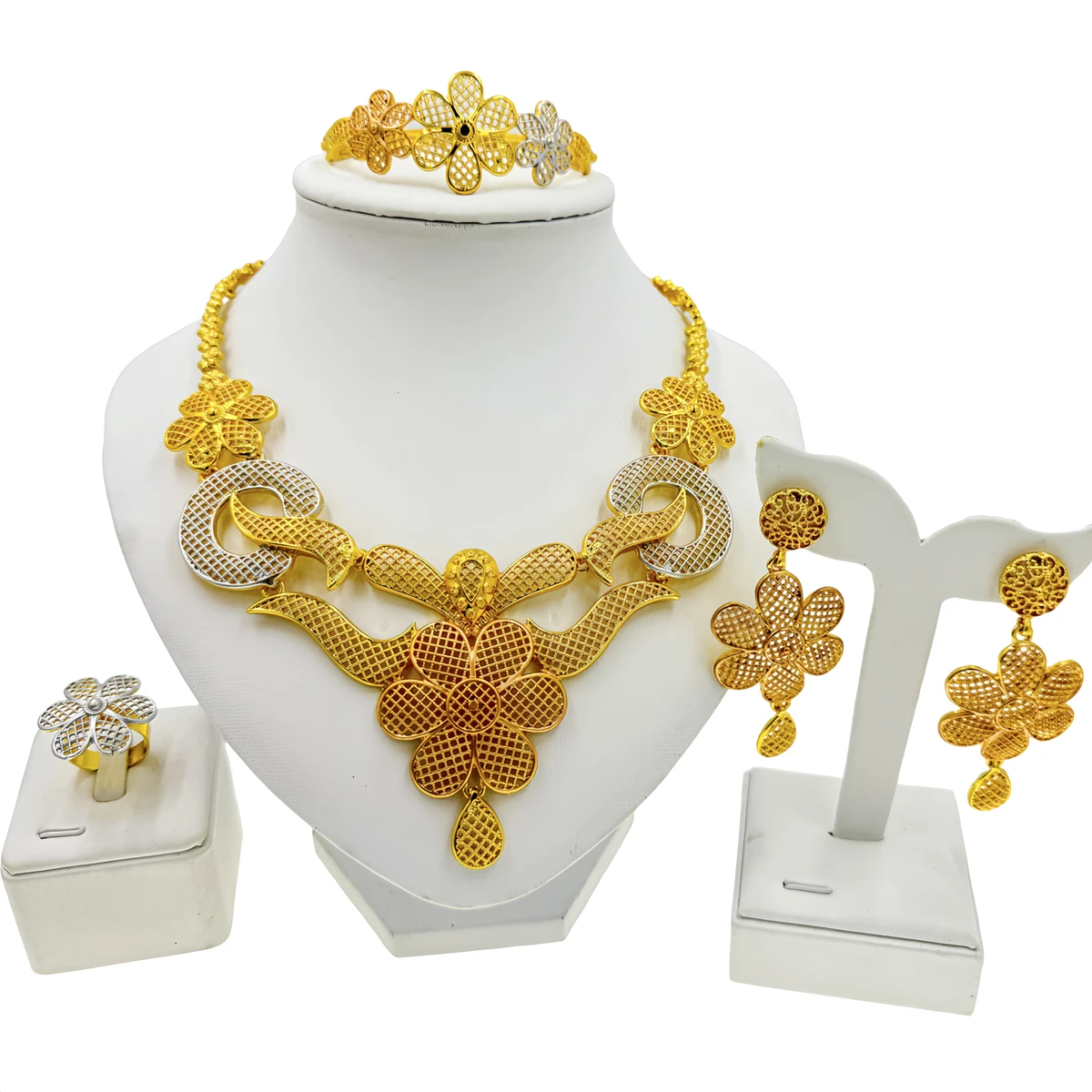 

Jewelry Set for Women African Gold Silver Large Flowers Statement Necklace Charm Bracelet Earrings Ring Wedding Accessories Gift