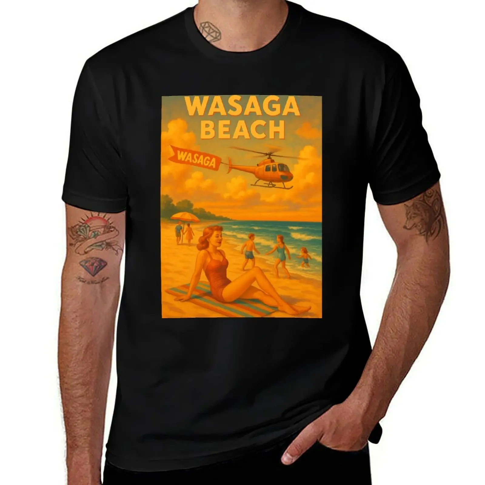 

Wasaga Beach Ontario Helicopter Cartoon Art T-Shirt Funny t-shirts blue lock heavyweight t shirts for men