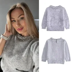 Autumn Chic Neck Jewelry Embellished Women's Short Sweater Fashionable O-Neck Long Sleeve Women's Pullover Textured Top