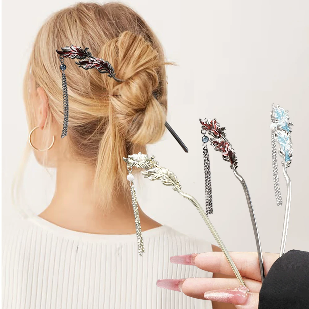 Quaste Feder Haar Stick Haar Clip Chinesischen Stil Metall Haar Gabeln Brötchen Haarnadel Vintage Schildkröte Frauen Kopfbedeckung Haar Zubehör