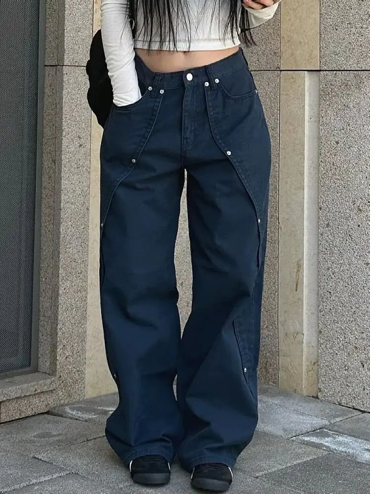 

American Retro Washed Rivet Jeans Women's High Street Loose Wide-leg Trousers