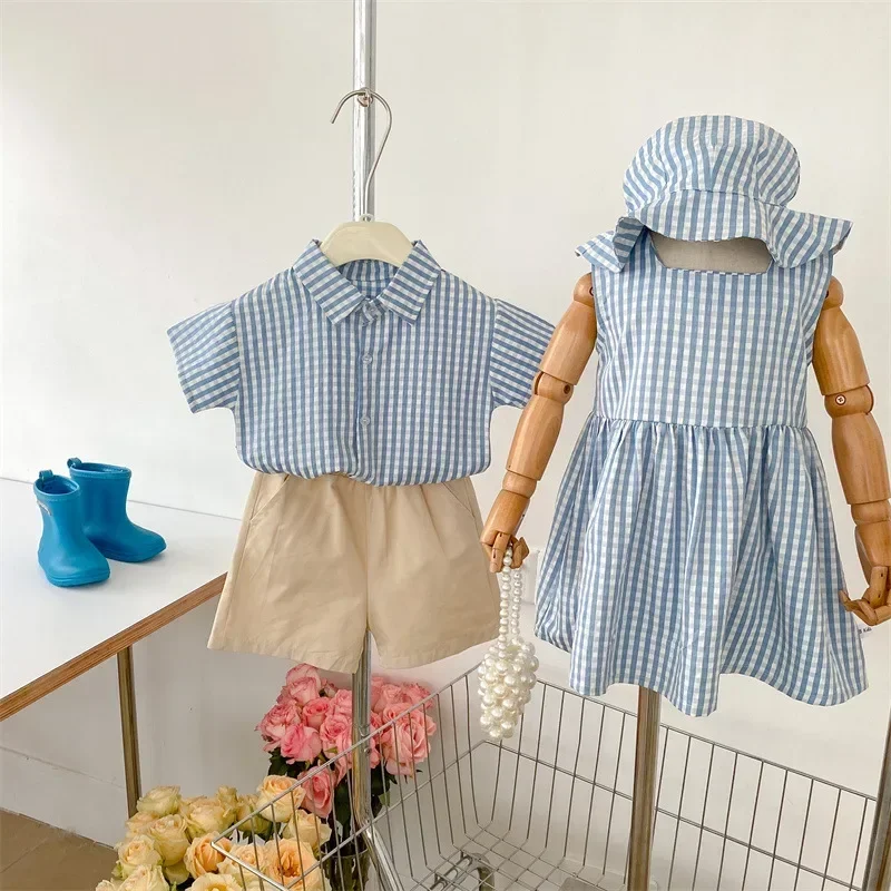 2025 Children Brother Sister Matching Outfits Summer Spanish Toddler Boy Top and Shorts 2Pcs Suit Baby Girl One Piece Dress Hat