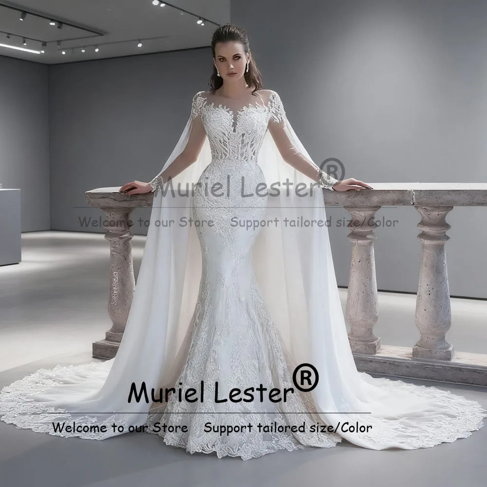 Unique Design Lace Appliques Wedding Dresses With Long Cape Long Sleeves Mermaid Bridal Gowns Customized Bride Reception Clothes