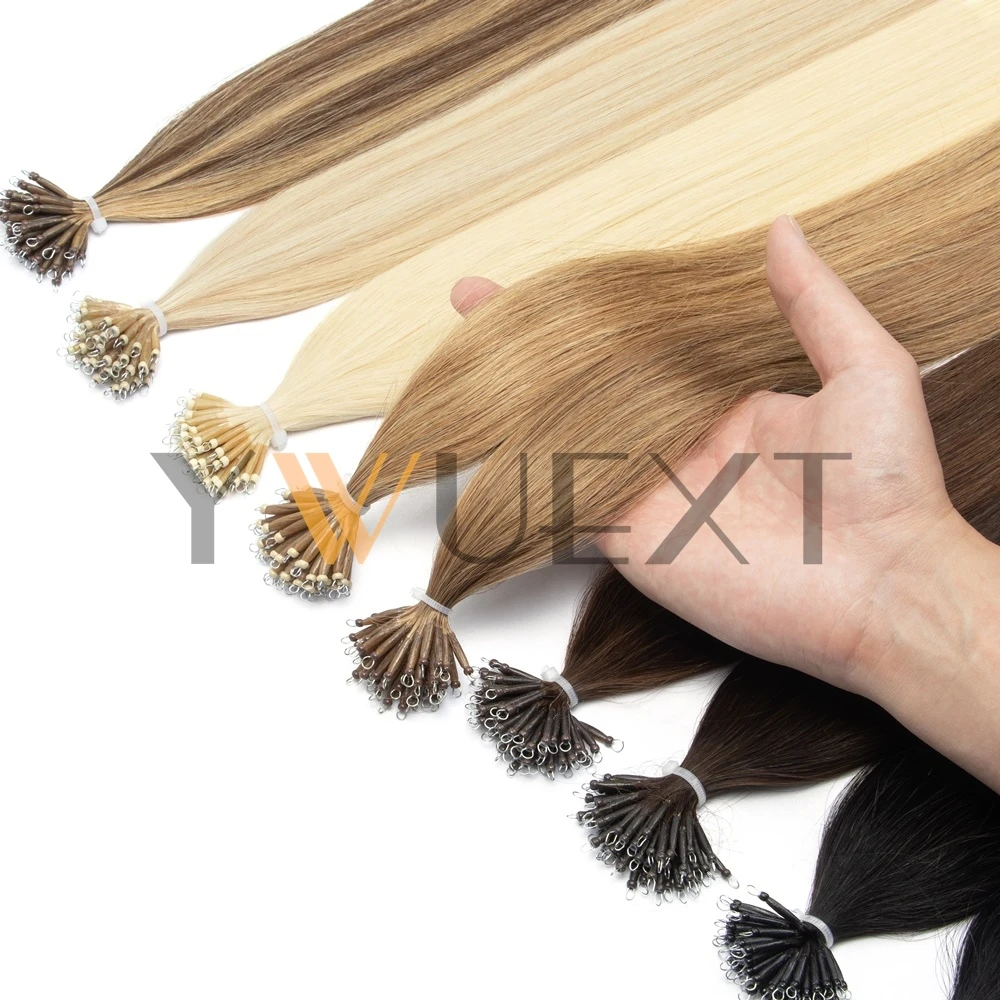 YWUEXT نانو حبة الدائري شعر بشري حقيقي ملحقات أسود بني شقراء مع تسليط الضوء على 12-22 بوصة حلقات نانو غير مرئية 30 جرام/الحزمة