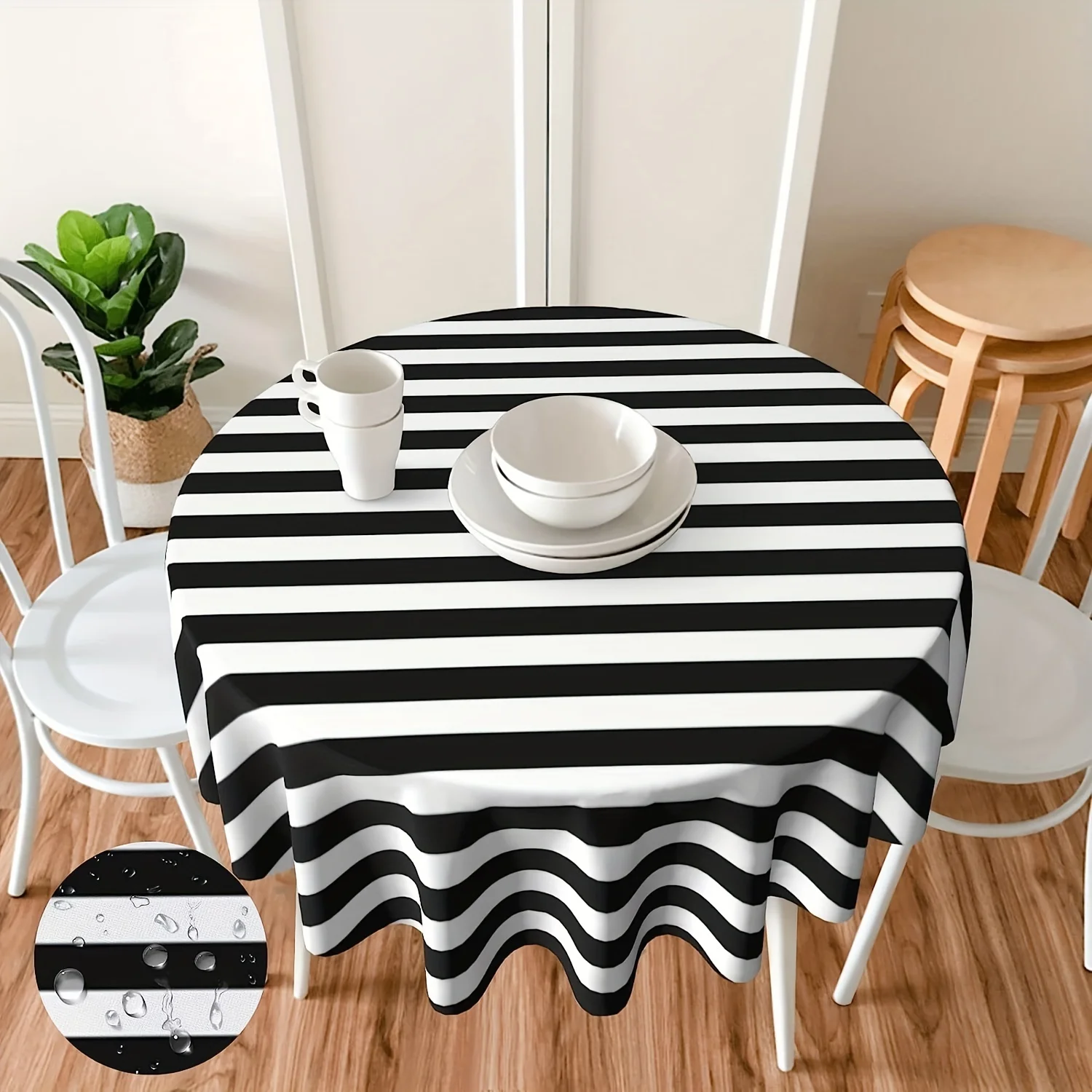 1PC, Round Tablecloth 60 Inch, Black And White Round Tablecloth, Stain Resistant, Water Resistant, Wrinkle Resistant, Simple Tab