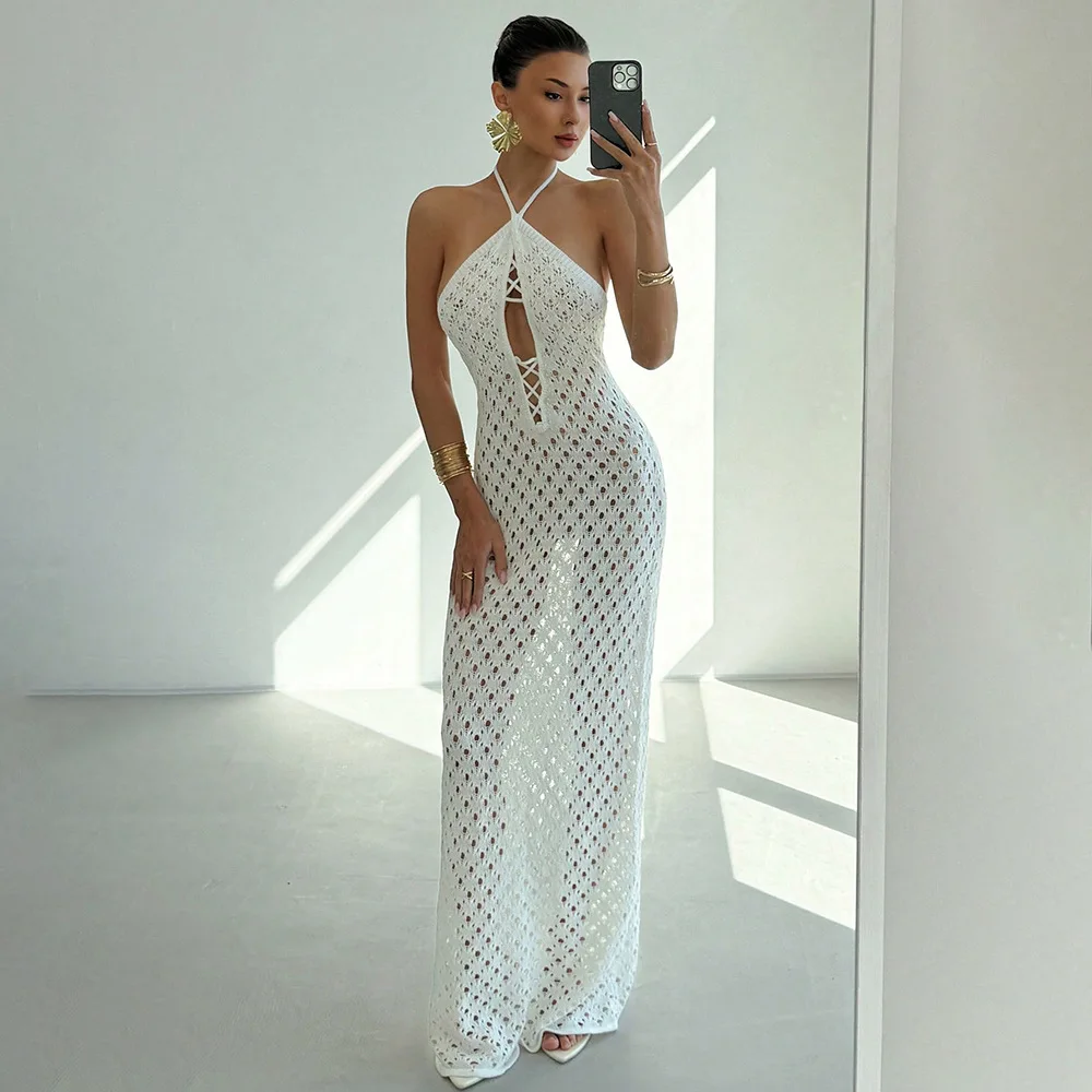 DSMTRC 여성 시스루 레이스 업 백 레스 할로우 스키니 섹시한 가운 화이트 니트 비치 롱 드레스 여성 니트 여름 드레스