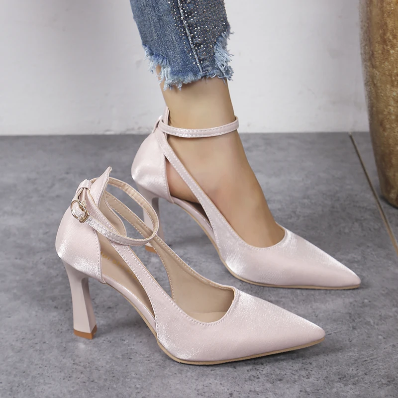 2025 Spring and Autumn New Fashion Solid Color Thin Strap Slotted Buckle Strap Shallow Comfortable Women's High Heeled Sandals