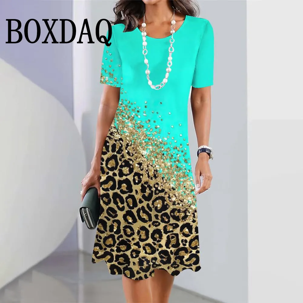 Summer Fashion Gradient Leopard Print Women's Dresses Plus Size Elegant 2025 Female Casual Short Sleeve Dresses Women's Clothing