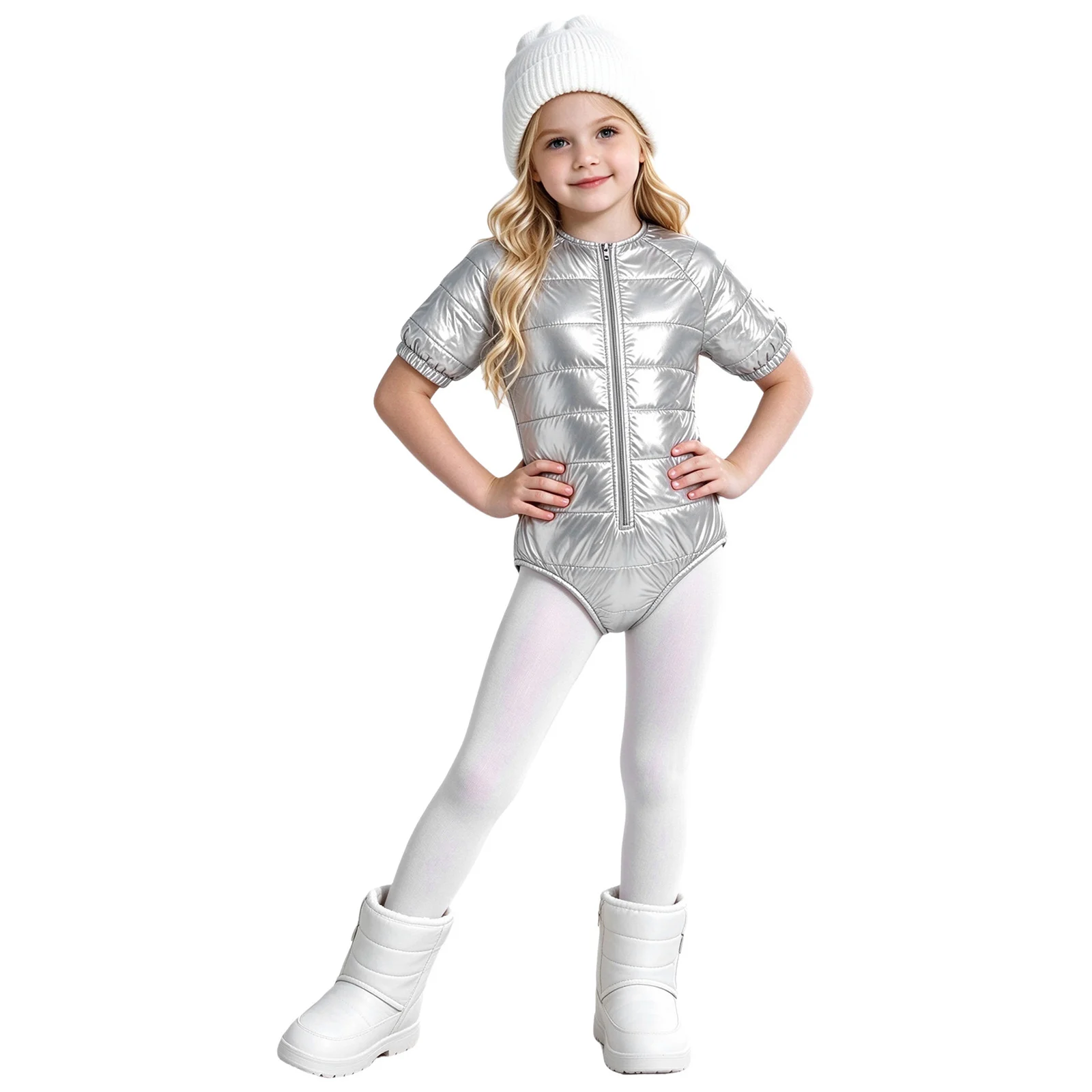 Kids Boys Girls Water Resistant Padded Bodysuit Casual Winter Warm Zipper Front Round Neck Short Sleeve Leotard for Skating