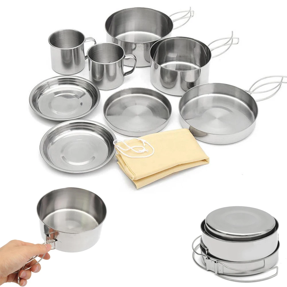 

8pcs Camping Pot Set Lightweight Hiking Cookware Portable Pan Handle Trekking Cooker Outdoor Tool Foldable Storage Cooking Set