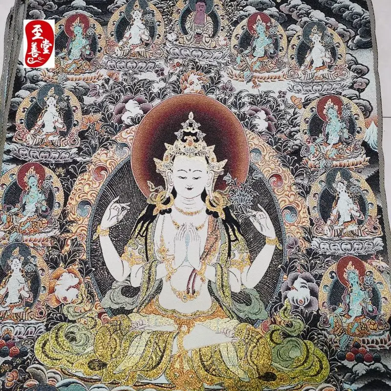Tibet Tibetan Cloth Silk White four-faced guanyin god Thangka Tangka Embroidery Painting
