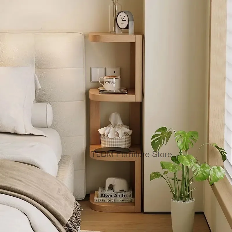 Narrow Solid Wood Bedside Shelf Space-Saving Open Storage Rack, Scandinavian Minimalist Nightstand for Small Bedroom Living Room