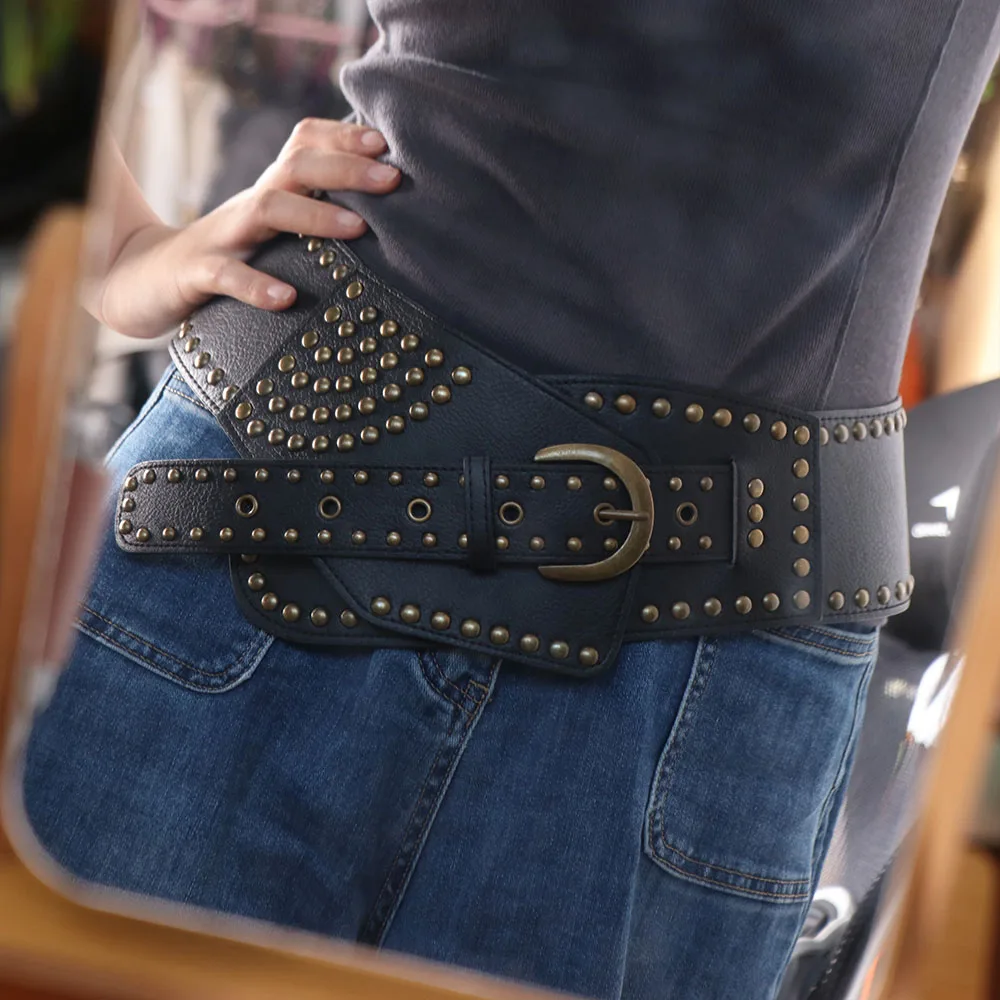 القوطية قابل للتعديل برشام معدني حزام بولي Leather الجلود التخسيس واسعة Cummerbunds حزام فاسق الخصر مشد وتتسابق