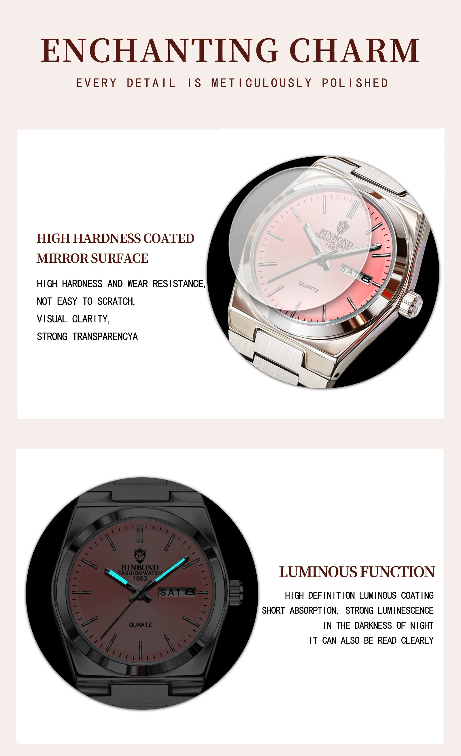 BINBOND 103 Business es un reloj de cuarzo Reloj de cuarzo ultrafino de moda con calendario dual Reloj de cuarzo no mecánico personalizado para mujer