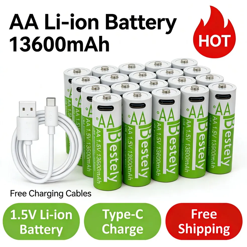 

Перезаряжаемая литий-ионная батарея AA 13600 мАч большой емкости с кабелем для зарядки Type-C, для электронных устройств дома и офиса