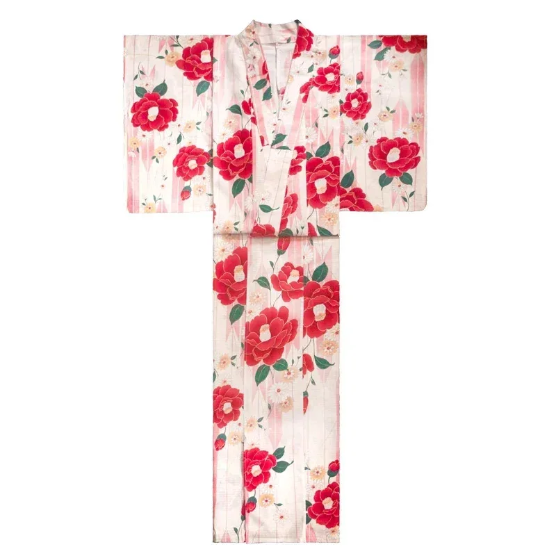 CyJapanese 스타일 정통 여성용 핑크 기모노 하오리 꽃 프린트 긴 소매 유카타 파티 코스프레 드레스 복장 게이샤 의상