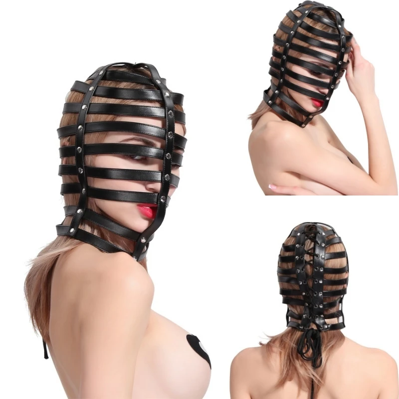 

Gothic Costume Adjustable Leather Hollow Out Bondage Head Hood for Men Women Fetish Cosplay Halloween Sexy Head Mask Adult Party