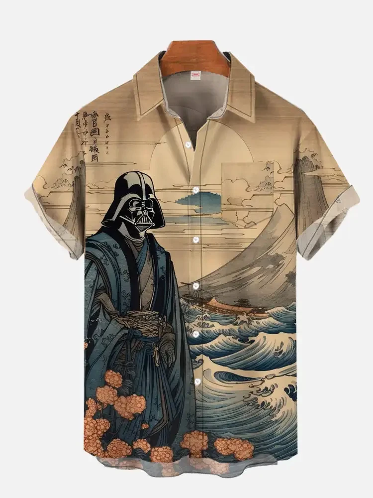 Camisa con estampado 3d de paisaje samurái enmascarado ukiyo-e Vintage para hombre, camisa hawaiana informal para playa, blusa de un solo pecho,