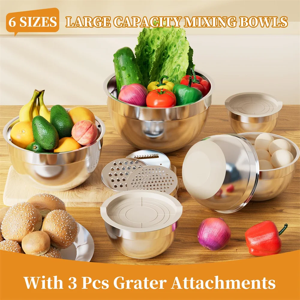 

6-piece stainless steel salad bowl with khaki silicone base, anti-slip, with lid, with grater and egg beater, baking mixing bowl
