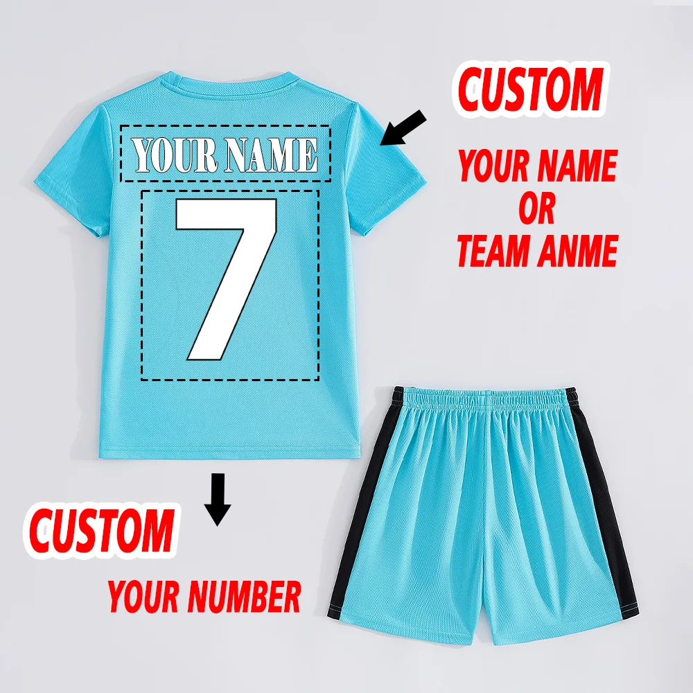 Kids Soccer Jersey Set Sky blueT-shirt Short Custom/Diy Name Number Children's Football Sports Practice and Game Uniforms