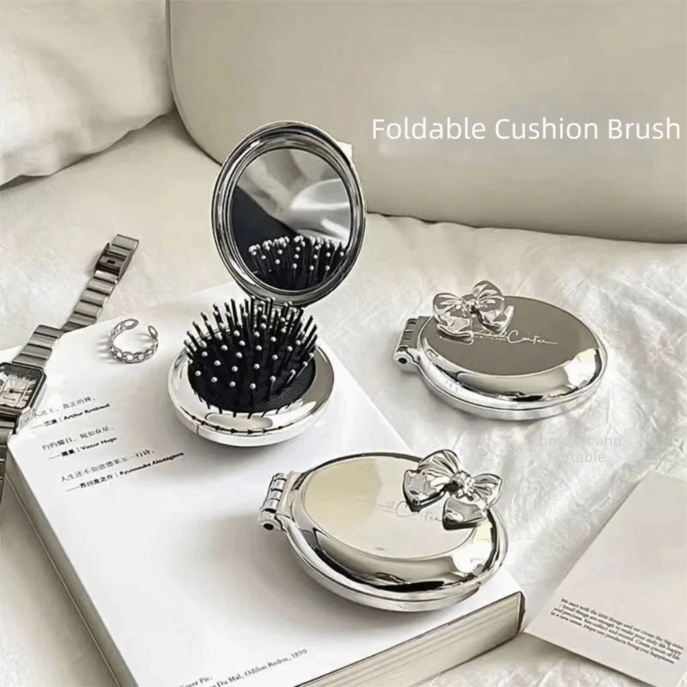 1PC Multifunctional Bow Folding Comb Silver Air Cushion Pocket Comb with Mirror Plastic Mini Hair Brush for Women