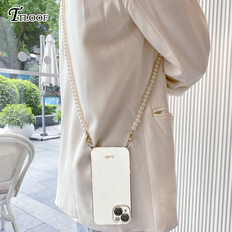 

Plating Pearl Crossbody Strap Lanyard Case For Samsung Galaxy A12 A13 A22 A32 4G 5G A52 A52S A72 A02S A23 A33 A53 A73 Soft Cover