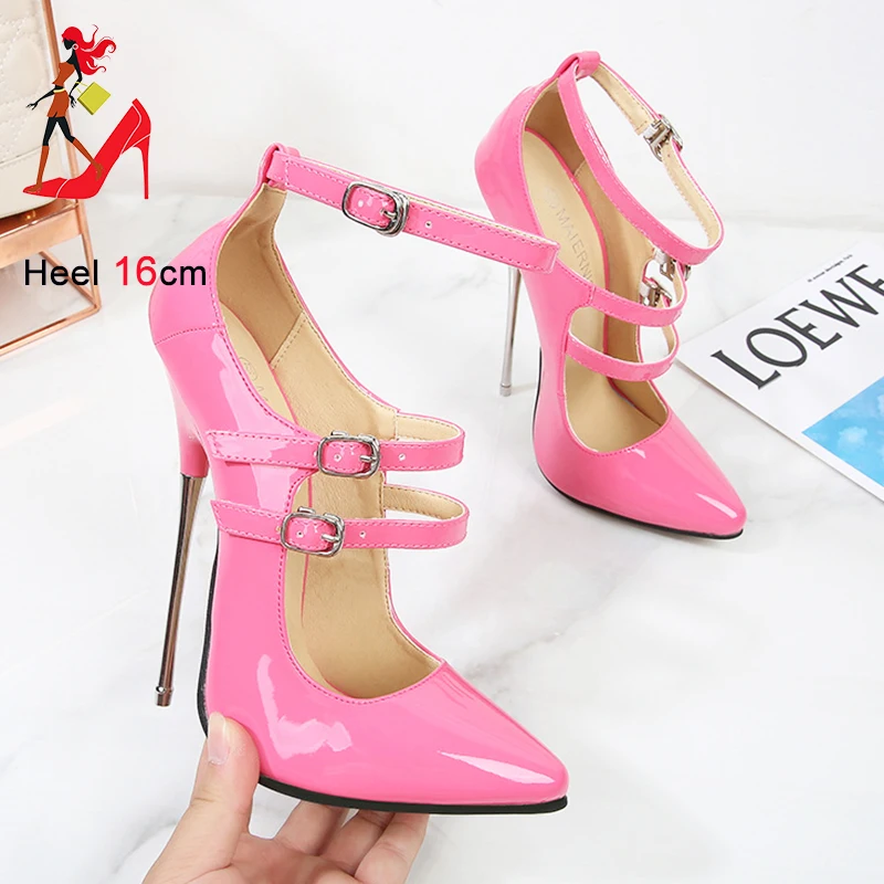 16CM Extreme Metal High Heels Club Fetish Women Shoes Sexy Model Buckle Strap Pumps SM Crossdressing Show Shoes Large Size 46