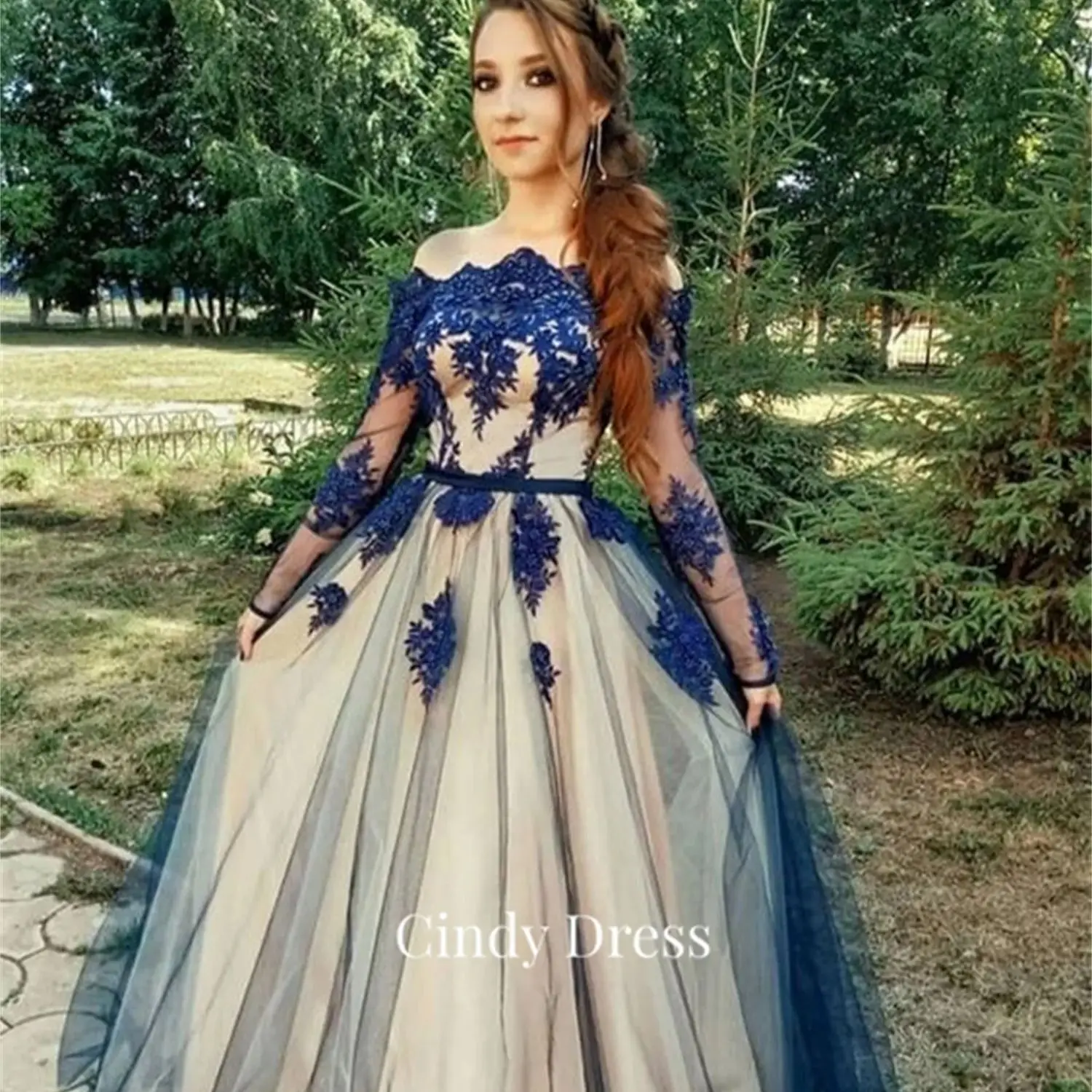 

Cindy Navy Blue A-line Lace Women's Elegant Dresses for Formal Occasions Wedding Guest Dress Woman Ball Gowns Evening Gown Long