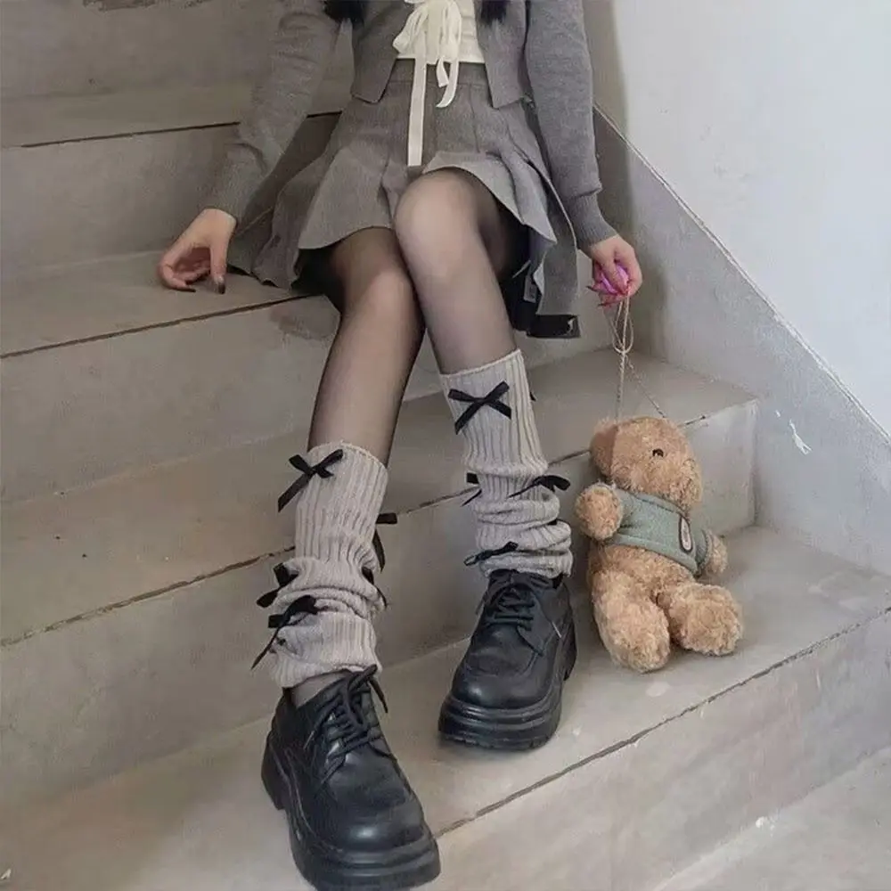 

Casual Bow Knot Knitted Leg Warmers 40cm Knitted Texture Foot Cover Thermal White Black Knitted Socks Autumn Winter