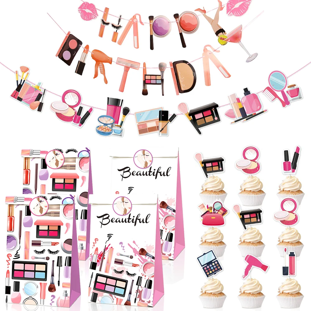 Spa Make Up Partyzubehör Kosmetik Alles Gute zum Geburtstag Banner Papier Goodie Bags mit Aufklebern Mädchen Frauen Geburtstag Party Dekoration – Detail 1