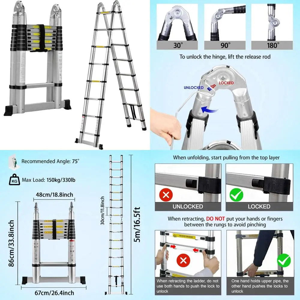 

Aluminum Telescoping Extension Ladder 16.5FT/5M, 2-in-1 Folding A-Frame or Straight, Hinged Stabilizer Bar, Safety Lock Feature