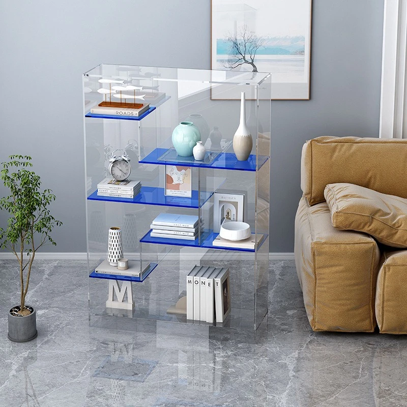 Light luxury acrylic bookshelf, floor shelf, irregular lattice display shelf in the bedroom