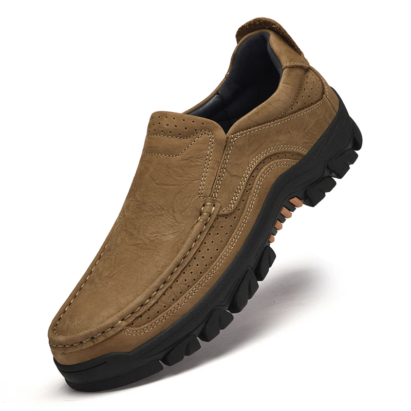 

Men's Genuine Leather Slip-On Oxford Shoes Nubuck Brown Outdoor Casual Large Size 48 49 50 Rugged Sole