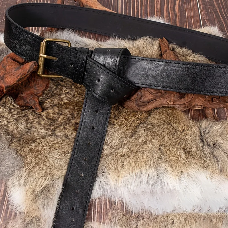 Black Medieval Retro Leather Set Leather Belt with Flap Waist Bag Drawstring Coin Purse Skirt Clips Renaissance Costume Accessories Cosplay Props view 5