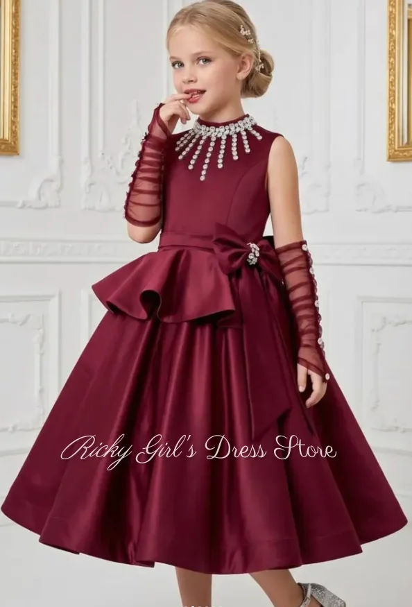 High Neck Girls Satin Birthday Party Ball Gowns With Bow Beaded Kids Girls Party Dress Long Green Flower Girl Dress For Wedding