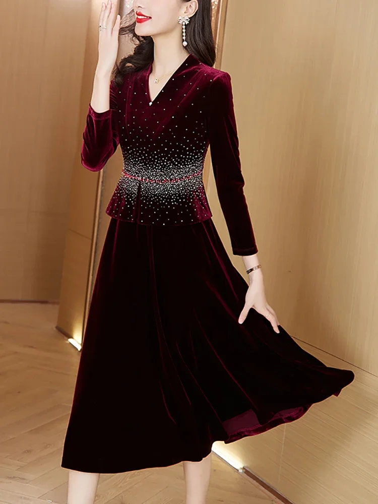 Autumn Winter Red Velvet Patchwork Ruffled Long Dress Fashion Sequins Luxury Female\'s Dress 2024 Vintage Elegant Evening Dresses