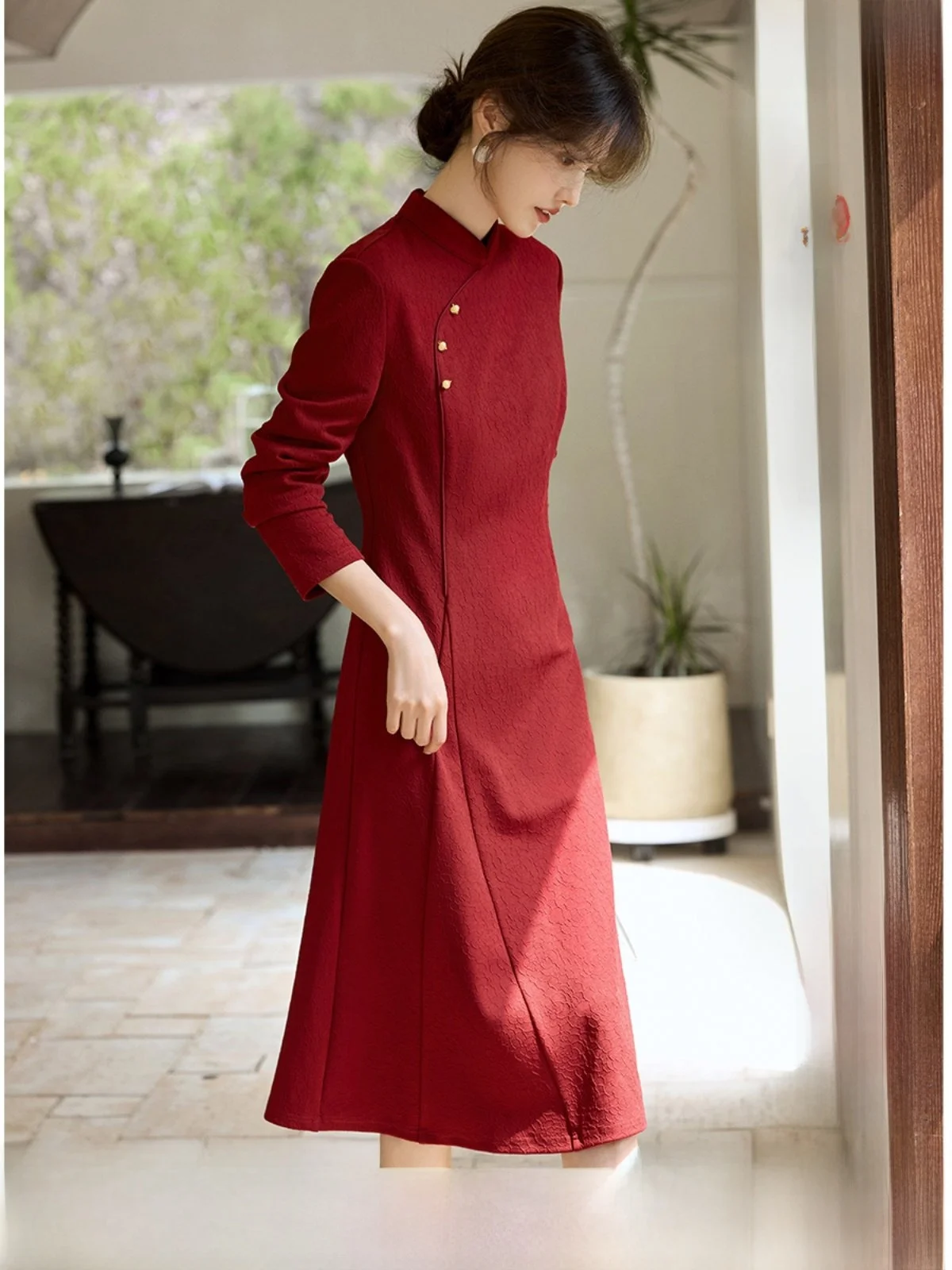 

Красное китайское платье для женщин: весна-осень, для свадебных церемоний и повседневной носки, 97% полиэстер, 3% спандекс