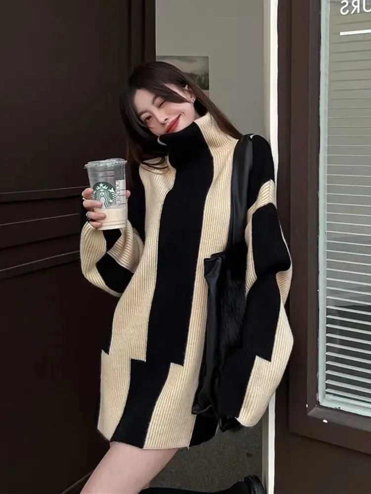 Korea Striped Sweater Women Turtleneck Patchwork Knitted Pullovers Elegant Oversized Irregular Knitwear Casual Jumpers