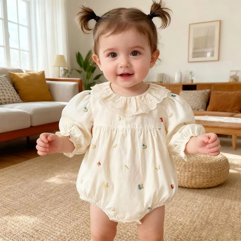 

2025 New Autumn Spring Newborn Baby Girl Jumpsuit Long Sleeved Flower Embroidery Toddler Baby Girl Romper 0-24M Children Clothes