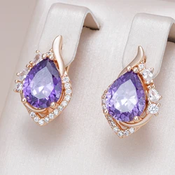 Kinel Sparkling Purple Water Drop Natural Zircon Pendant Drop Earring for Women 585 Rose Gold Color Party Daily Vintage Jewelry