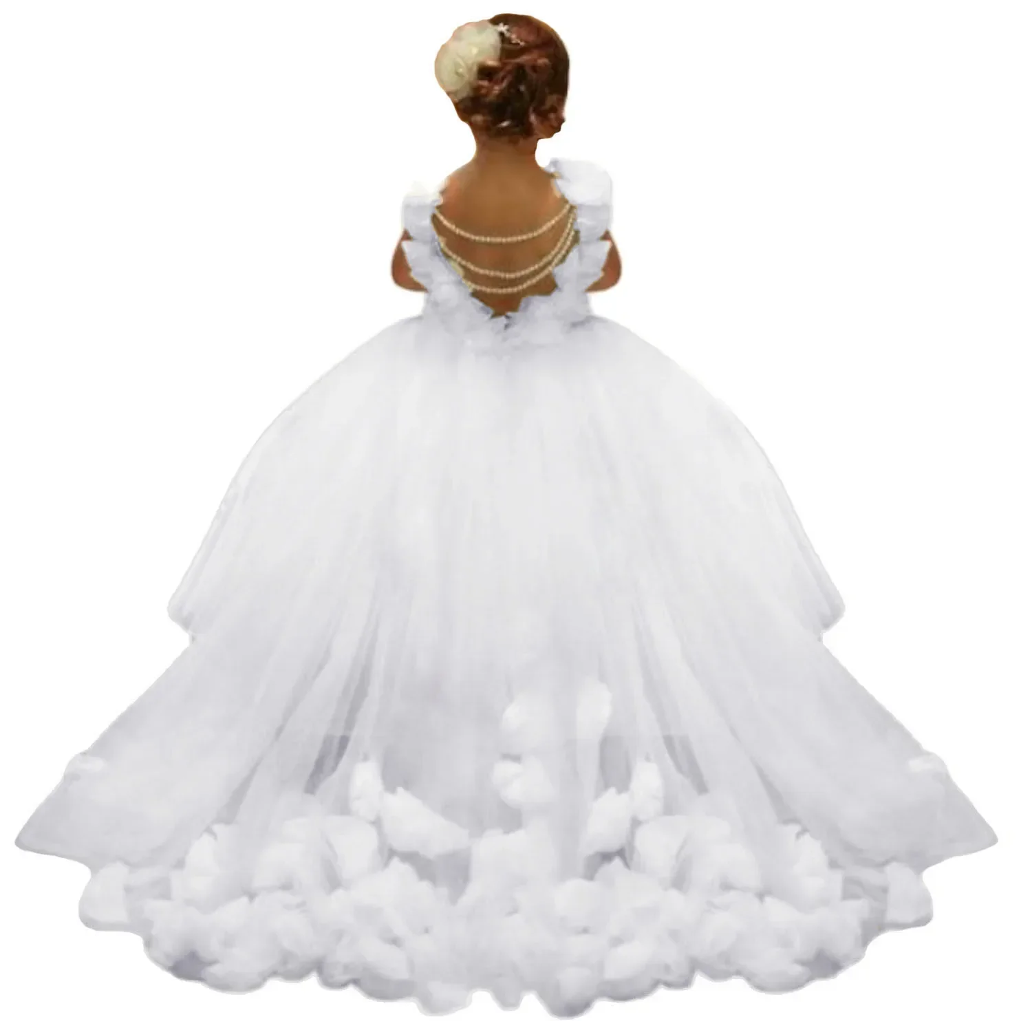 Girls Backless Wedding Flower Girl Dresses Pearl Appliques Tulle First Communion Pageant Dress Brush Trailing Party Ball Gowns