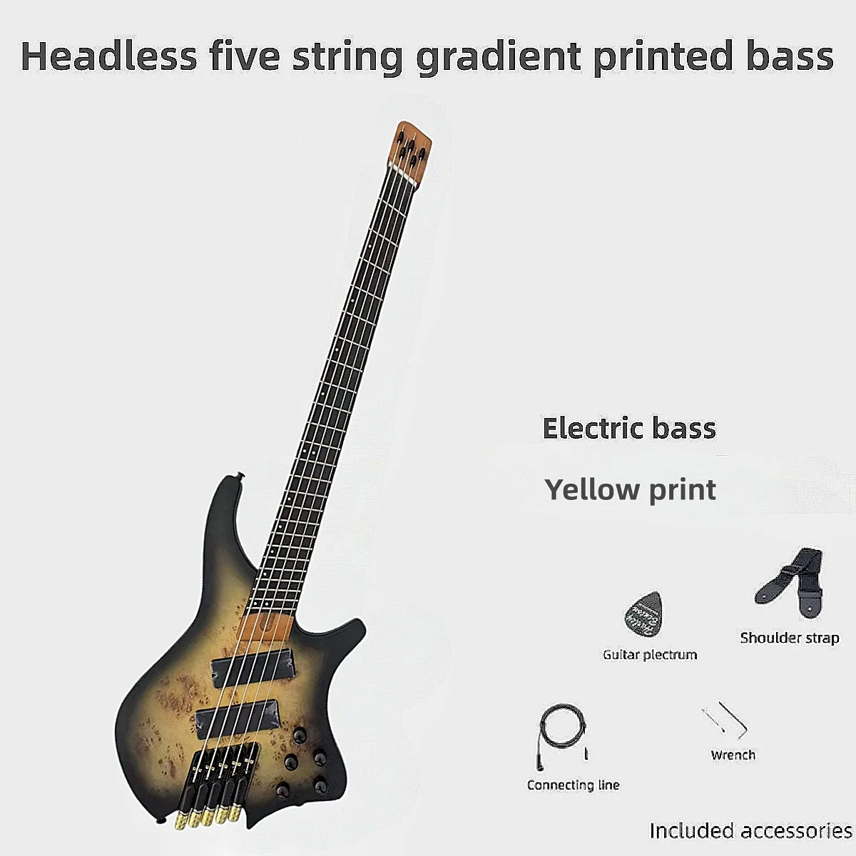 

The latest five string headless electric bass with yellow printed high-end performance